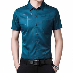 formal Dr Shirt Men Short Sleeve Fi Stripe Print Butts Single Breasted Turn-down Collar Slim Male Shirt Top Wedding 79he#