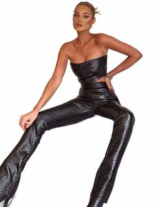 Hugcitar ärm Solid Pu Leather Backl Tube Top Leggings 2 Pieces Set 2021 Autumn Winter Women Sexig streetwear Tracksuit O3WC#