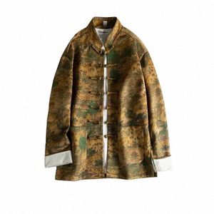 خريف الشتاء الصيني على الطراز الصيني للرجال يرتدي Qingming Shanghe Tu Deer Skin Veet Digital Printing Shicky مصنوع يدويًا Jacket L4W7#