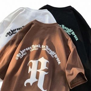 American Vintage Punk Tees Cott Hiphop Carta de manga curta High Street Men's Trendy T-shirt Decote Vibe Coffee Brown Shirt 12VU #