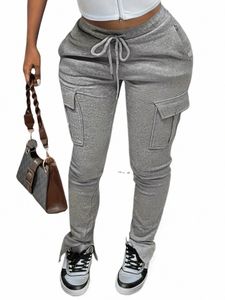 lw Plus Size Side Pocket Drawstring Pants Women Autumn Winter Sweat Mid Waist Side Split Trousers Sporty Casual Daily Bottoms K2Iy#