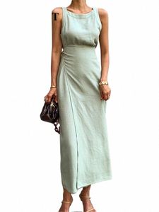 Releft New 2024 Summer Cott Linen Women's LG Dres Vintage Lace Up Maxi Dr Ses Sleevel Tank Beach Dres N5dr#