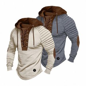 men Hooded Sweatshirt Vintage Lace-up Drawstring Men's Hoodie with Pleated Shoulders Color Matching for A for Breathable for Men V73k#