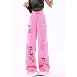 Women's Jeans Pink High Waist Women Worn-out American Fashion Vintage Streetwear Y2K Wide Leg Jean Female Trouser Baggy Denim Pants