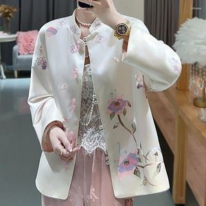 Women's Jackets High-End Autumn Acetate Embroidered Flower Stand Collar Double Breasted Soft And Smooth Lady Jacket S-XXL