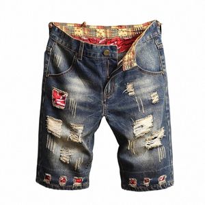 2024 Neue Sommer Fi Ripped Loch Herren Jeans Kurze Straße Vintage Gerade Slim Denim Mittlere Taille Marke Print Shortss D9QU #