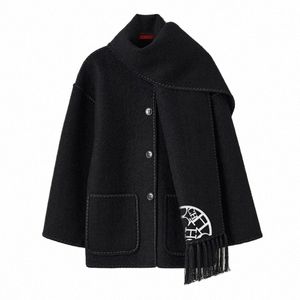 chch Elegant Loose Women's Coat With Scarf Fi Lg Sleeve Pocket Single Breasted Female Coats 2023 Autumn Winter Jacket 411v#
