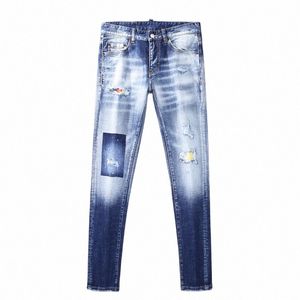 street Fi Men Jeans Retro Light Blue Plain Wed Elastic Slim Fit Ripped Jeans Men Patched Designer Hip Hop Brand Pants f7L1#