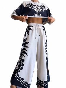 vintage Printed Woman Tank Top & Trousers Suit O Neck Half Sleeved Loose T-shirt Pants 2pcs Set Elastic Waist Chic Vacati Wear G62t#