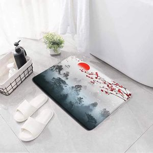 Bath Mats Landscape Painting Mat Red Sun Mist Forest Ink Flower Bird Aesthetic Art Bathroom Decor Anti Slip Foot Toilet Rug Carpt