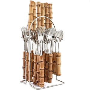 24Pcs Tableware Sets Bamboo Handle Stainless Steel Cutlery Set Creative Dinnerware Knife Fork Spoon Mirror Flatware 240318