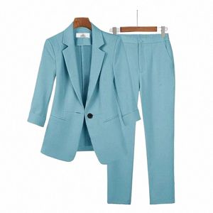 2023 verão nova jaqueta fina blazer casual calças de perna larga duas peças elegantes calças femininas conjunto roupas escritório busin roupas g5s8 #