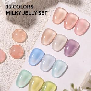 12 färger Ice Transparent Jelly Gel Polish Pink Blue genomskinliga nagelfärger blötlägger UV Gel Polish Nail Kit Set Salon Home US 240321