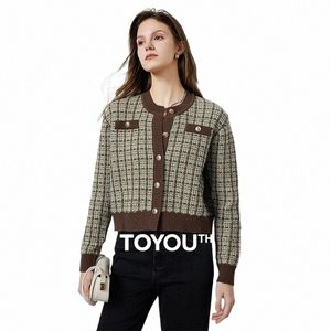 Toyouth Women Sticked Cardigan Sweaters 2024 Spring New Vintage Lattice Single-Breasted Pocket O Neck LG Sleeve Outwear Tops D2AH#