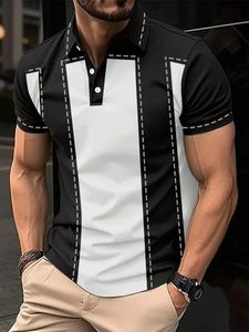 Design listrado camisa polo verão dos homens topos de negócios casual lapela botão zíper camisas moda golfe roupas vendas 240320