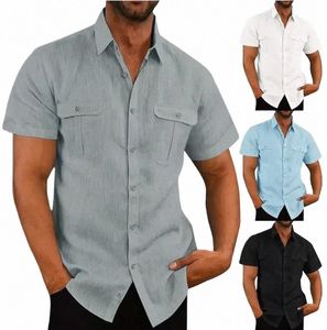 Camisa de manga curta elástica com bolsos Cott Linen Men Summer Solid Color Stand-Up Collar Casual Beach Style Camisas masculinas Q9ma #