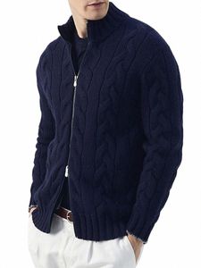men Knitted Zip up Sweater Coat Lg Sleeve Stand Collar Knit Cardigan Slim Fit Sweater Autumn Winter Knitwear k33w#