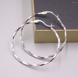 Hoop Earrings Real Solid 925 Sterling Silver Women Lucky Glossy Twist Circle Stud 35mm