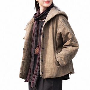 Johnature Frauen Vintage Cott Ramie Kapuze Parkas Butt LG Ärmel Warme Mäntel 2024 Winter Neue Chinesische Stil Frauen Parkas R9oo #