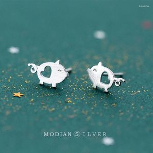 Studörhängen Modian Real 925 Sterling Silver Animal Cute Small Pig with Heart For Women grils smycken gåva