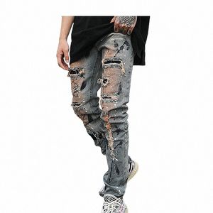 Botten dragkedja förstörde jeans magra jeans rippade smala män cyklist jeans fi graffiti tryckt streetwear hip hop pants joggers b7jf#