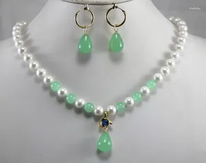 Necklace Earrings Set Engagement And Party 8mm White Shell Pearl Dotted With Light Green Jades