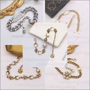Luxury Design Bangles Brand Letter Bracelet Chain Famous Women 18K Gold Plated Crysatl Rhinestone Pearl Wristband Link Chain Gifts292b