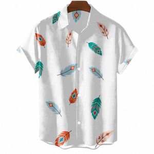 FI Original Men's Shirt Hawaii Casual Men Shirt Slim Fit Short Sleeve Tops Overized Simple Feather Print Camisa Masculinaa S4sh#