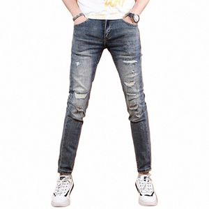 Calças de brim rasgadas dos homens verão leve magro ajuste calças 2022 novo streetwear casual vintage azul denim calças t1ad #