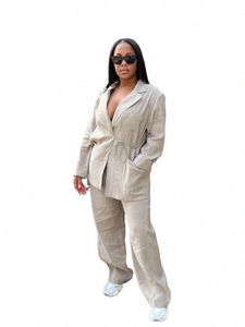 FI Revers Lace Up Blazer Jacke Set für Frauen Lose Feste Hohe Taille Breite Bein Hosen Anzug 2024 Neue Elegante weibliche Streetwear n0Vp #