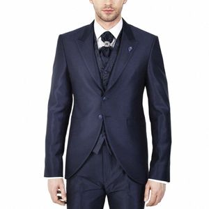 Итальянский новый дизайн Мужские костюмы Темно-синий Fi Peak Lapel Two Butts Мужской пиджак Свадебный смокинг жениха Повседневный Slim Fit 3 шт.