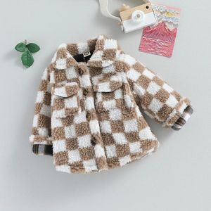 Jacken Kleinkind Mädchen Winter Fleece Jacke Schachbrett Revers Knopfleiste Brusttasche Sherpa Mantel Warme Oberbekleidung