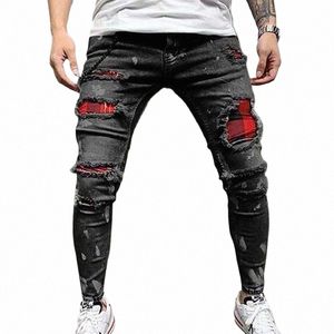 Mäns målade stretch mager jeans smal fit rippad distrikt veckad knäplåster denim byxor varumärke casual byxor för män f0wv#