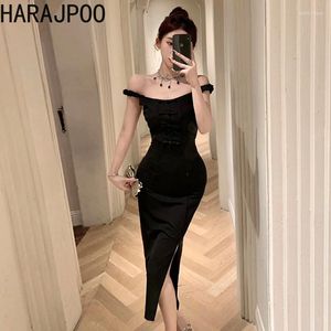 Party Dresses Harajpoo Hepburn Style Sexy Black Women Dress French Elegant Waistband Open Slit Revealing Collarbone Banquet Vestidos