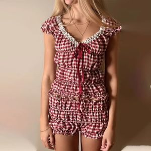 2000s retro 2 -częściowy zestaw domków vintage Ruched Off Rame Tshirt Tops Shorts Kawaii PaJamas Women Y2K Stroje 240328