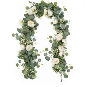 Декоративные цветы, 2 шт., искусственная роза, виноградная лоза, гирлянда, цветочные корзины, растения с белыми и эвкалиптовыми листьями, венок