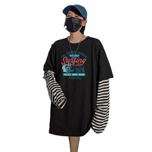 listrado Lg Manga Falsa Duas Roupas Primavera e Outono Tripulação Pescoço Top Menino Estudante Ao Ar Livre Padrão Impressão Lg Manga T-shirt k51j #