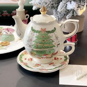 Tazze Piattini Set di tazze e piatti da tè in ceramica di Natale disegnato a mano Set di piatti e tazze da tè carino Tazza da caffè Colazione Latte Acqua Confezione regalo di bicchieri da cucina