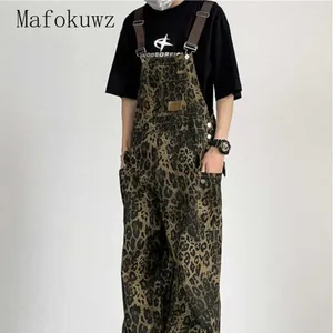 Calças masculinas primavera outono leopardo impresso macacão moda casal hip hop solto casual perna larga reta chão-esfregar roupas masculinas