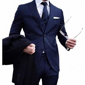 navy Blue Men's Suits Stripe Pattern Luxury Full Set Single Breasted Peak Lapel Wedding 3 Piece Jacket Pants Vest Ropa Hombre Q86d#