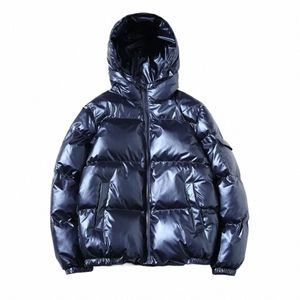 mens Warm Down Jackets 2023 Brand New Winter Glossy Metallic Sier Black Hooded Parka Outwear Cott Padded Coats Men Jacket I1H5#