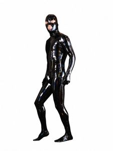 Cosplay Men Maid Macacão PU Couro Brilhante PVC Catsuit Laser Wet Look Alta Elástica Corpo Inteiro Bodysuit Shapers Corpo Bodystocking R14y #