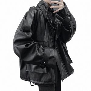 2022 Autumn Winter Fi Motocycle Techwear Cargo Leather Jacket Men Hip Hop Punk Oversized Coats Chaquetas Hombre h01l#