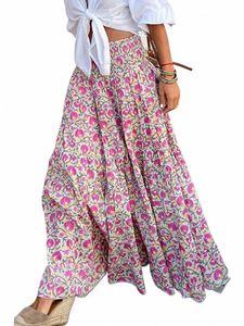summer Lg Skirts Women Boho Print Skirt Female Floral Beach Maxi Skirts Ladies Vintage Loose Elastic Waist Holiday Skirt g3jH#