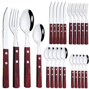 24Pcs Cutlery Wooden Handle Set Stainless Steel Tableware Knife Fork Tea Spoon Silverware Western Flatware 240318