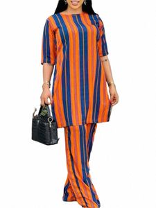 Vonda Bohemian Vintage Women Striped Pants Sets 2024 Summer Half Sleeveカジュアルルーズトップスとパンツマッチセット特大2PCS M7O9＃