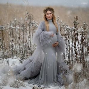 Festklänningar elegant grå moderskap för kvinna hög hals prom klänningar ruched spets applikationer vestidos poshoot babyshower