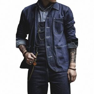 Amekaji Giacca di jeans vintage da uomo Risvolto multi-tasca a righe da lavoro Giacca da lavoro Primavera Autunno Nuovo cappotto di jeans di colore primario 53V4 #