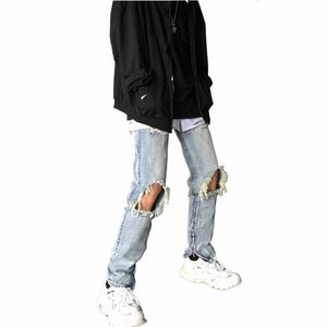 Novo vintage baggy rasgado jeans homens fi streetwear solto perna larga cintura alta calças retas y2k qua preto denim calças k9Ah #