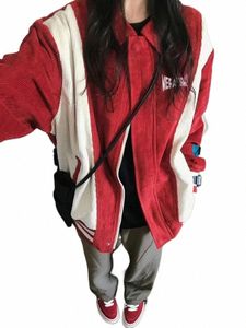 Deeptown Harajuku Corduroy Baseball Jacket Women 90S Vintage Striped Patchwork Varsity CoatsルーズカジュアルカレッジアウターウェアKPOP＃